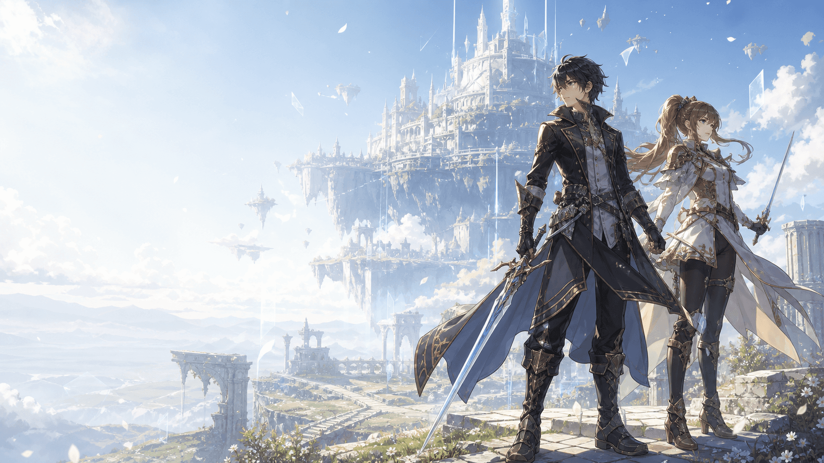 Original fan illustration of two player adventurers overlooking a floating fantasy castle